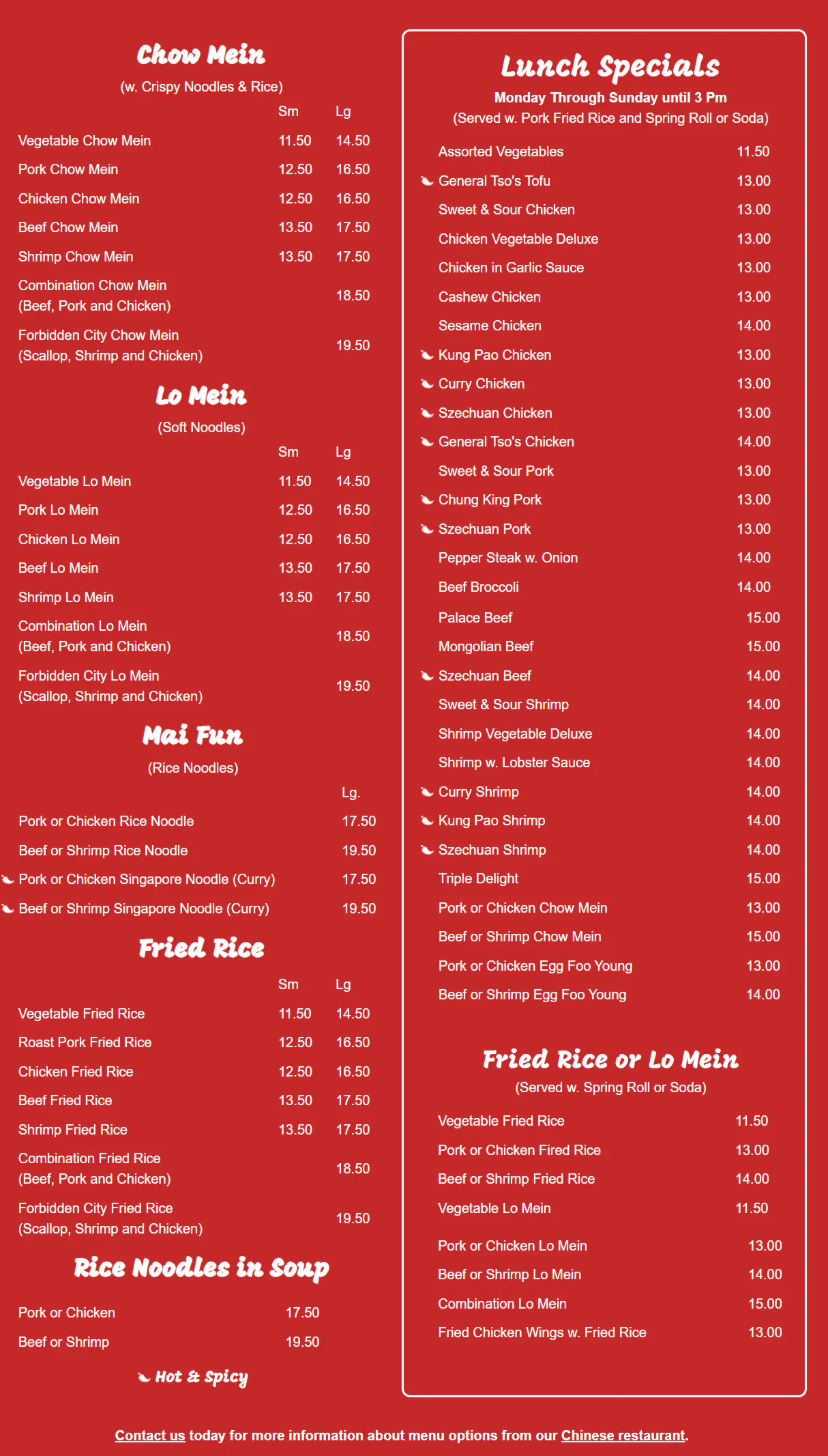 The second image of the menu at Forbidden City Chinese Restaurant